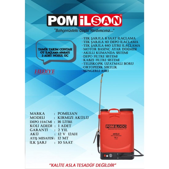 Pomilsan Kırmızı Akülü 16 LT Sırt İlaçlama Pompası Pomilsan Kırmızı Akülü 16 LT Sırt İlaçlama Pompası